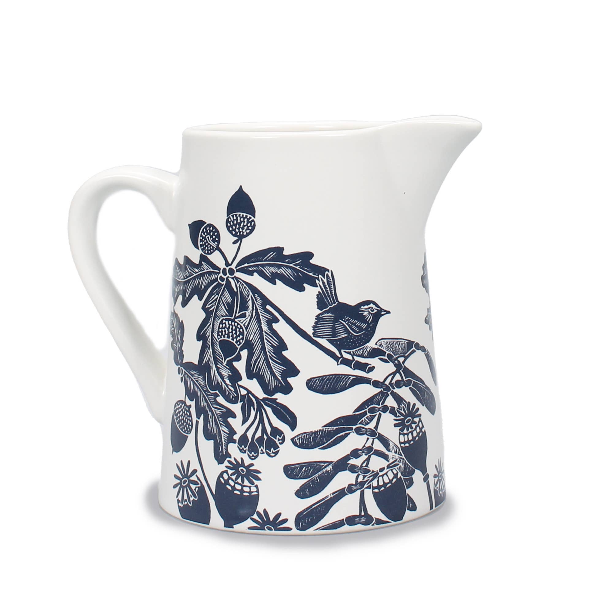 Kate Heiss Ceramic Pitcher – Acorns & Thistles in Woodland Blue
