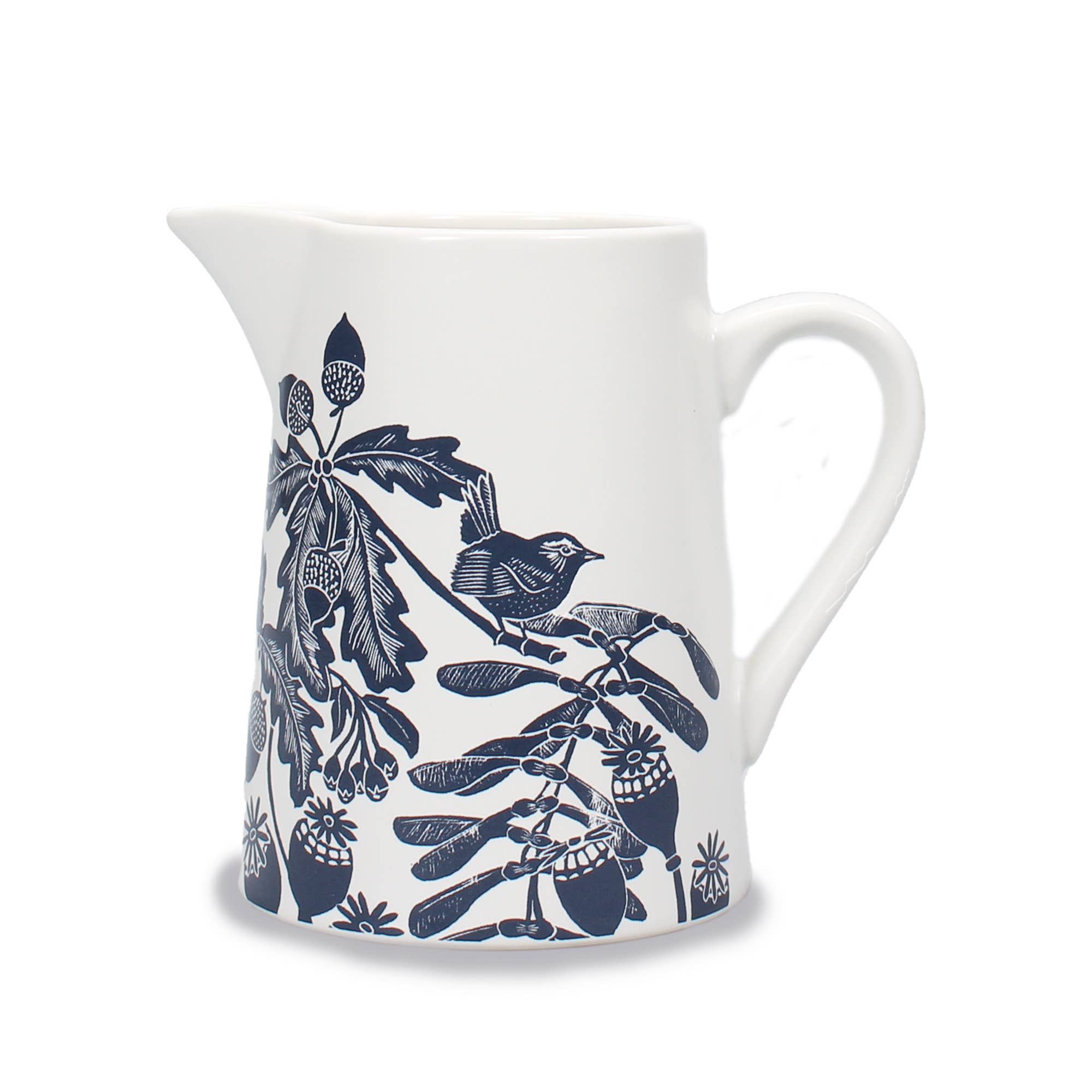 Kate Heiss Ceramic Pitcher – Acorns & Thistles in Woodland Blue