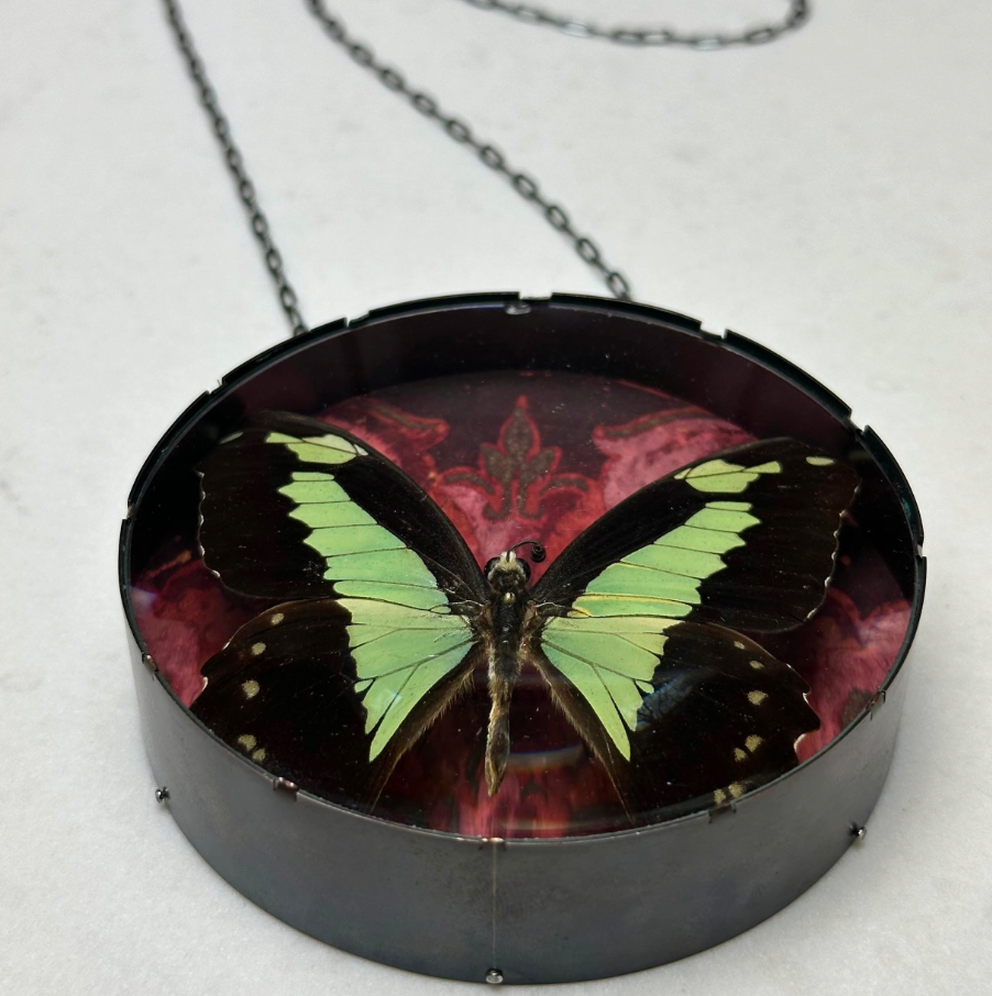 Butterfly Necklace – Copper, Walnut, Wallpaper & Sterling Silver Chain
