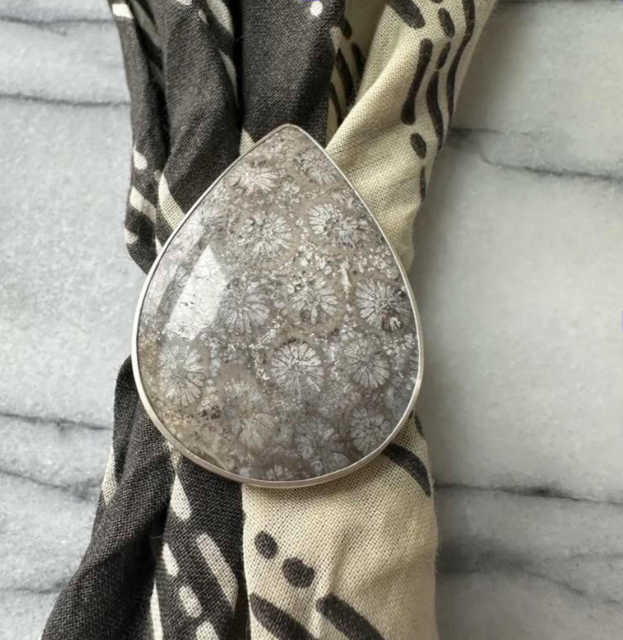 Teardrop Scarf Slide – Sterling Silver & Fossil Coral