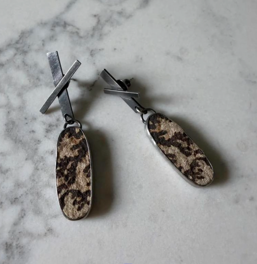 Asymmetrical X Earrings – Sterling Silver & Psilomelane Dendrite