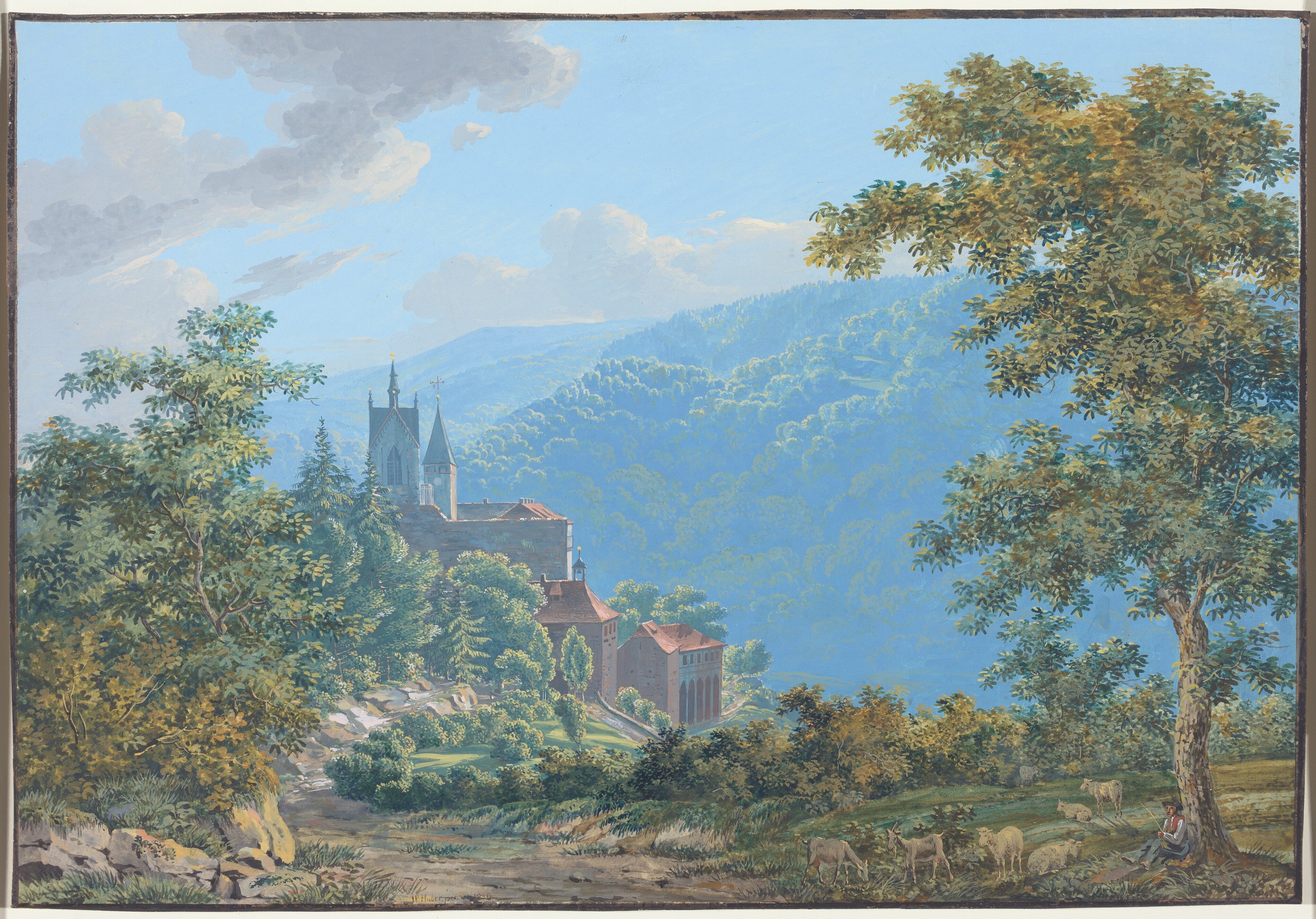 Jakob Wilhelm Huber – A Fortress in a Mountain Landscape at Sunrise