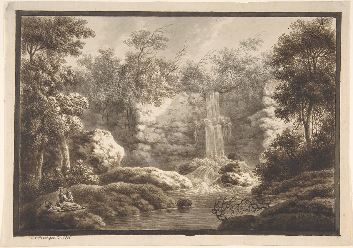 Johann Peter Beer – Landscape with Waterfall and a Mother and Child